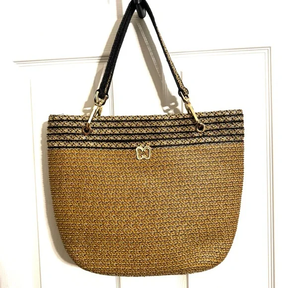 Eric Javits Squishee Straw Tote with Black Trim and Gold Hardware - Picture 1 of 8